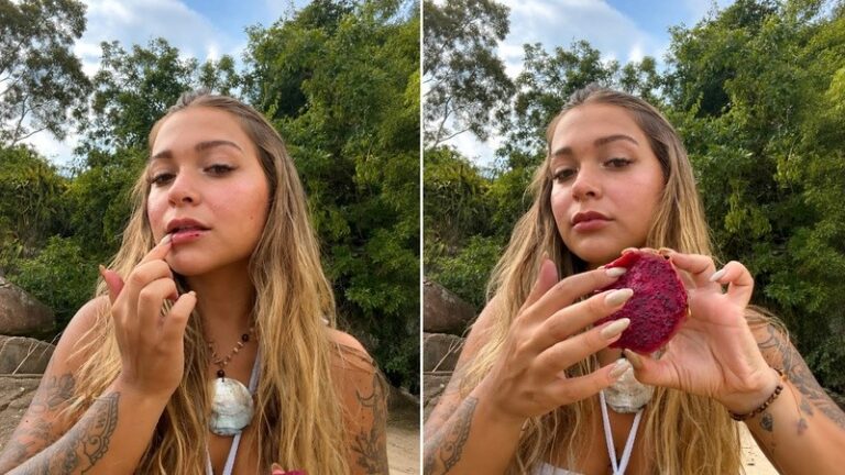 Mel Breia posa ao ar livre e segura metade de uma pitaia em montagem com duas fotos