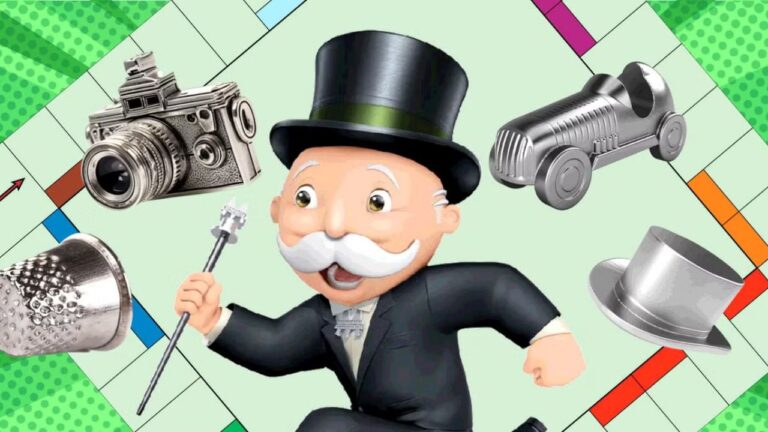 Sr. Monopoly cercado por peças clássicas do jogo de tabuleiro como câmera, carro de corrida, dedal e cartola