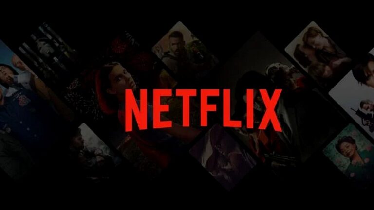 Logotipo da Netflix sobre fundo com imagens de séries e filmes do catálogo da plataforma de streaming
