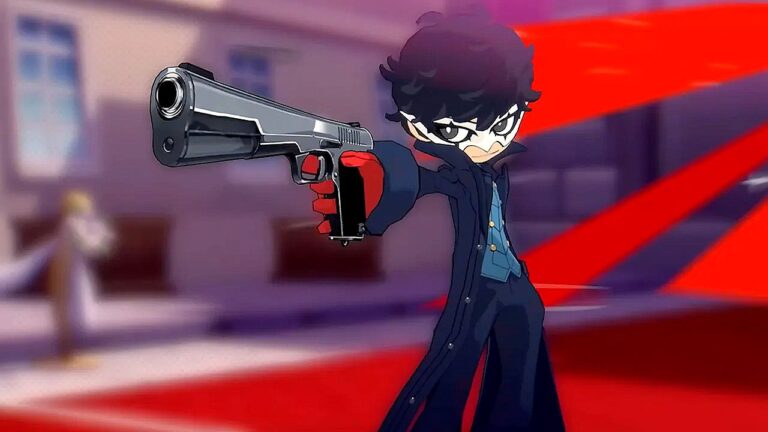 Joker aponta uma pistola em cena do jogo Persona 5 com fundo vermelho estilizado