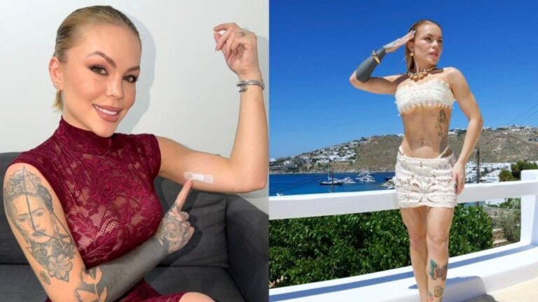 Ravena Hanniely posa em montagem com vestido vinho mostrando curativo no braço e conjunto branco diante do mar