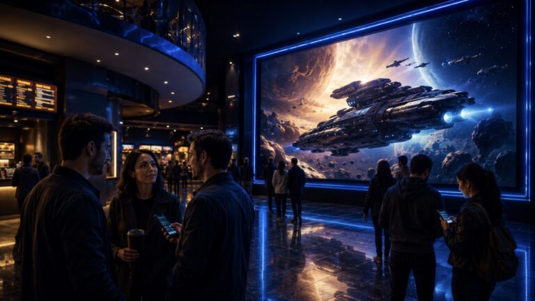 Pessoas em cinema diante de cartaz espacial