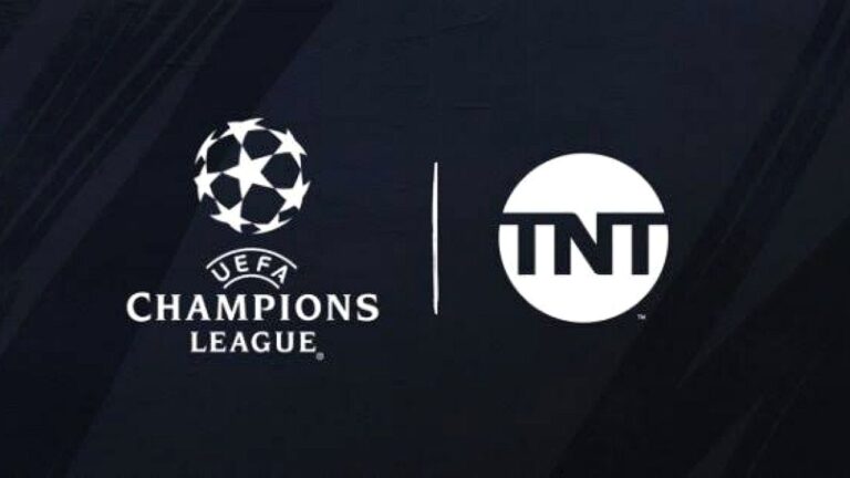 Logotipos da UEFA Champions League e da TNT Sports em imagem de divulgação das transmissões do torneio