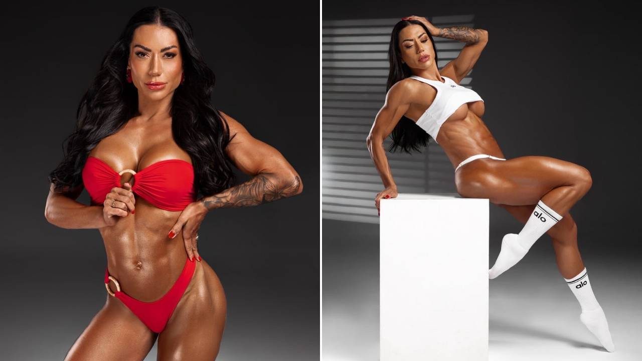 Atleta de fisiculturismo Graciella Carvalho em poses de biquíni vermelho e branco exibindo o corpo musculoso