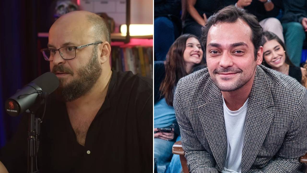 Paulinho Serra falando ao microfone em podcast e Eduardo Sterblitch sorrindo para a câmera no Altas Horas