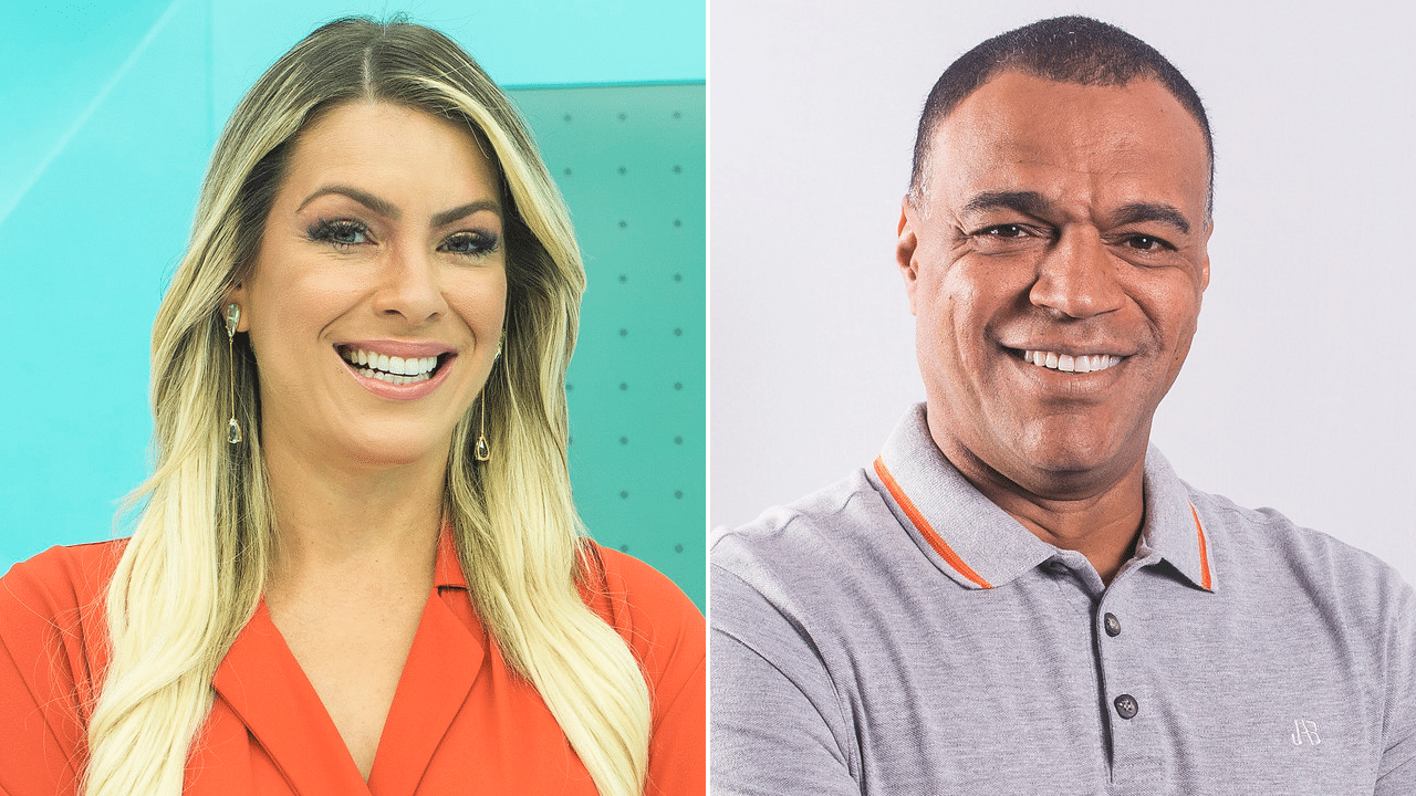 Imagem com montagem das fotos de Renata Fan e Denílson, apresentadores da Band