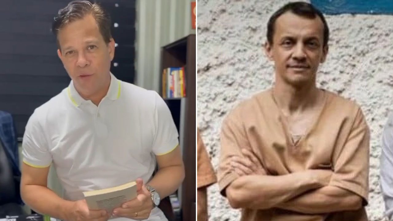 Montagem de fotos com Acir Filló de camisa polo branca e o ator Marcos de Andrade com uniforme de presidiário na série Tremembé