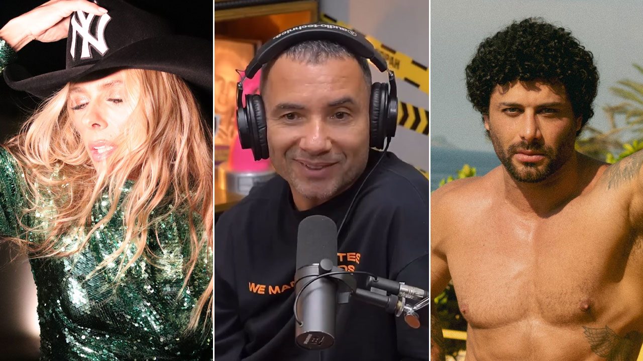 Adriane Galisteu com chapéu preto e roupa brilhante, Marco Luque em podcast com fones e Jesus Luz sem camisa em cenário de praia