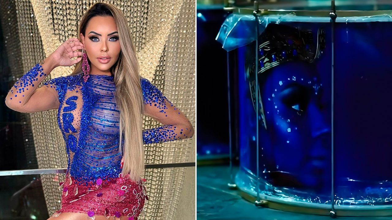 Montagem com Ana Beatriz Godoi, musa da Rosas de Ouro, com fantasia azul e detalhe de instrumento musical estilizado com seu rosto na cor azul