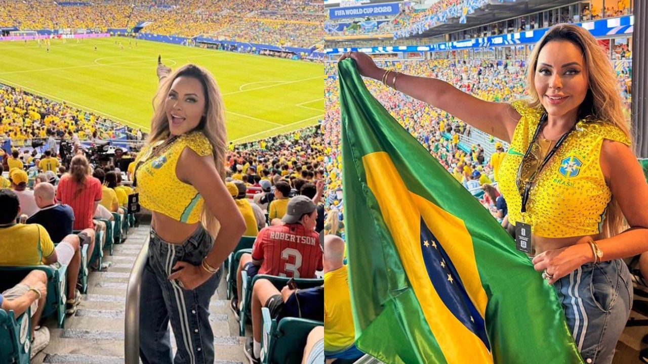 Ana Beatriz Godoi posa com top amarelo e calça jeans em estádio lotado e segura bandeira do Brasil em montagem de duas fotos