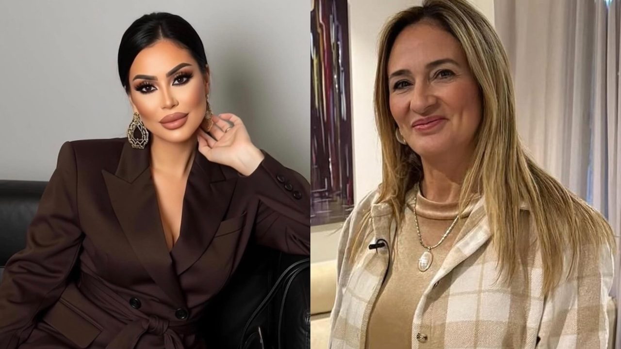 Ana Paula Oliveira, de blazer marrom, posa com a mão no rosto; ao lado está Roberta Nunez Maia, assessora de imprensa