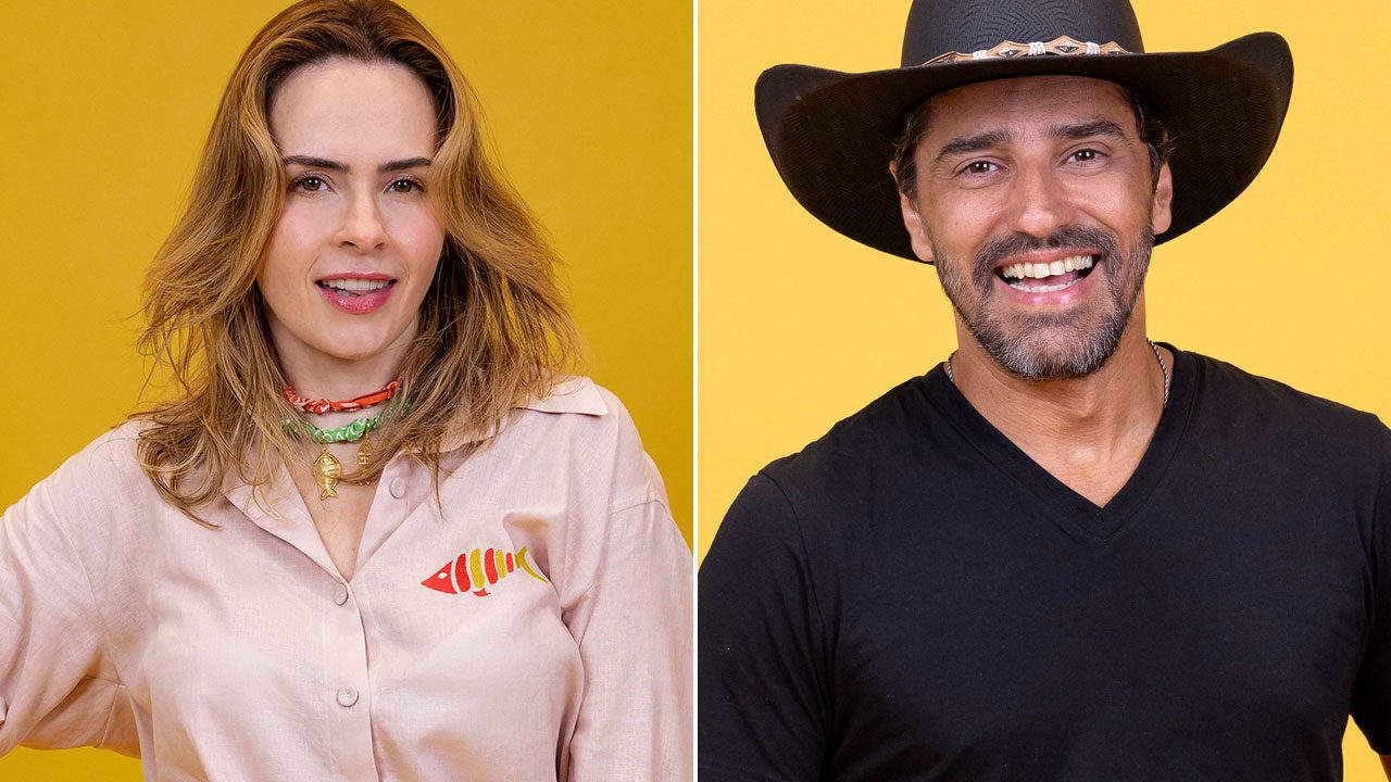Ana Paula Renault usa camisa bege com bordado de peixe e Alberto Cowboy veste camiseta preta e chapéu em montagem lado a lado com fundo amarelo vivo