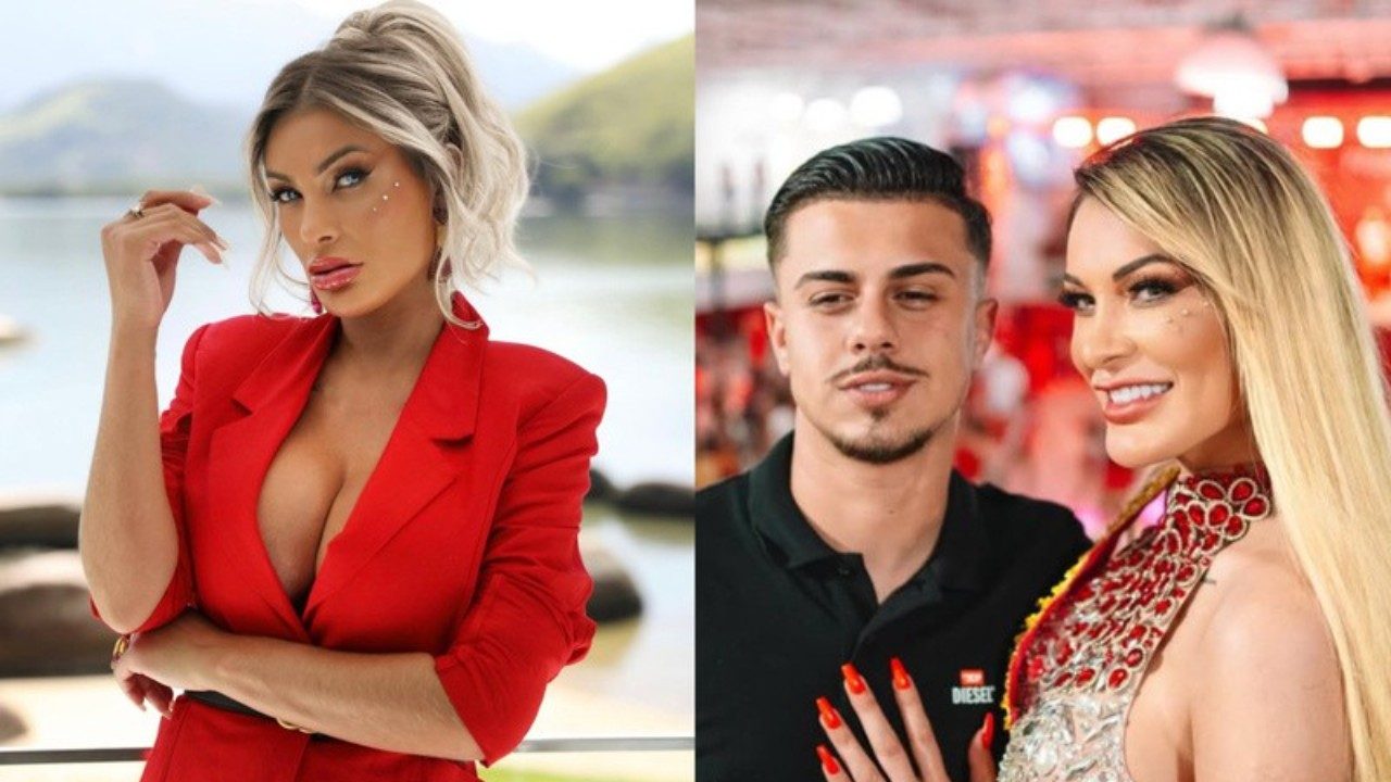 Andressa Urach posa à esquerda com blazer vermelho decotado e cabelos presos, à direita sorri ao lado de Flávio Giglioli usando vestido com pedrarias vermelhas clara