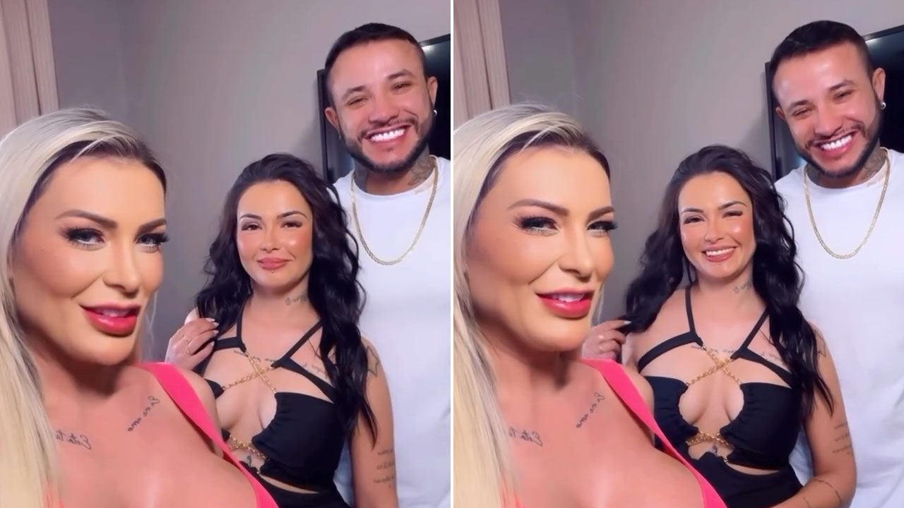 Andressa Urach sorri ao lado da irmã Pâmela Urach e de Ton Fernandes em registro descontraído feito em vídeo