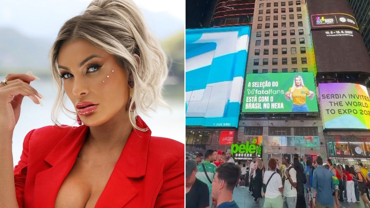 Andressa Urach de blazer vermelho em montagem com painel digital exibindo sua imagem na Times Square à noite