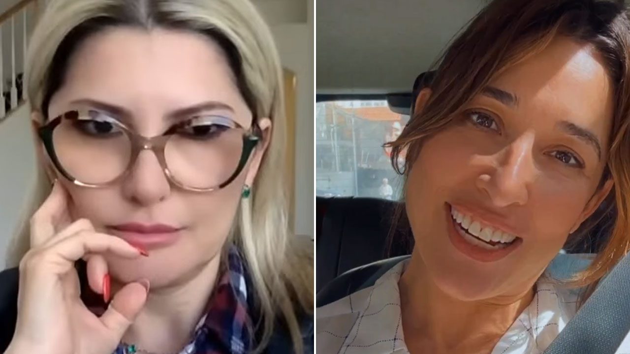 Antonia Fontenelle usa óculos de armação grossa em close durante gravação e Giselle Itié sorri dentro de um carro