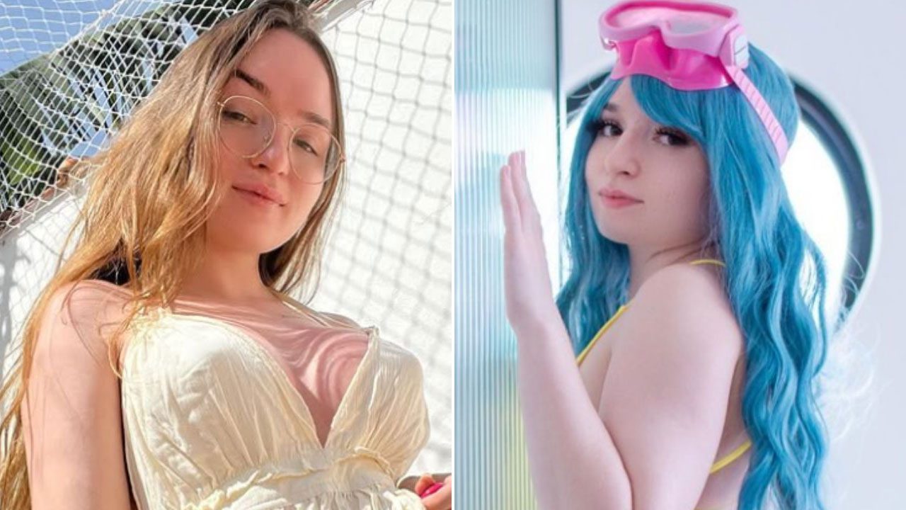 Montagem com Babi Palomas sorrindo de óculos e vestido claro e, à direita, com peruca azul e óculos de natação rosa