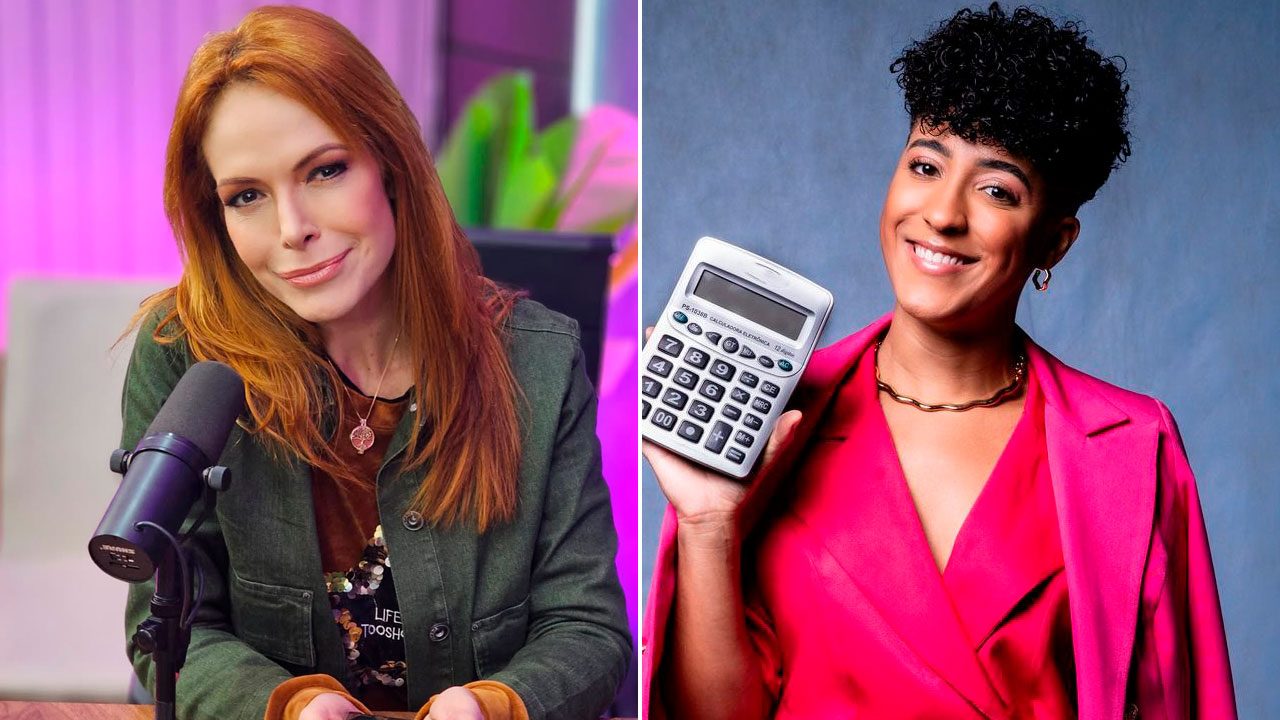 Montagem com Babi Xavier em estúdio de podcast e Nath Finanças segurando calculadora em ensaio promocional