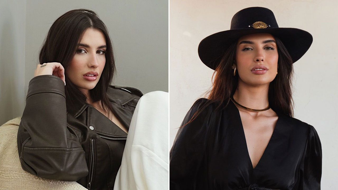 A modelo Beatriz Dias com look de jaqueta de couro à esquerda e com chapéu preto e choker dourada à direita