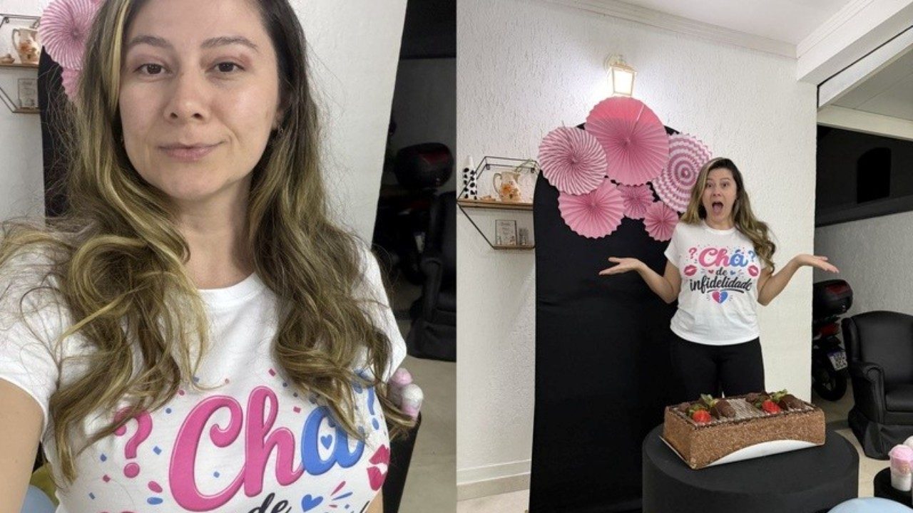 Montagem mostra Bella Mantovani usando camiseta escrita Chá de Infidelidade e reagindo diante de decoração temática e bolo em casa