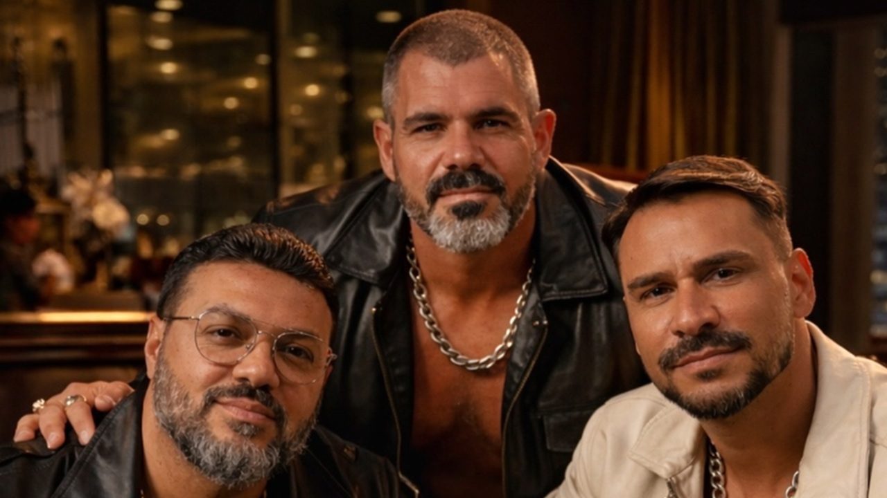 Três homens posam juntos em ambiente interno com iluminação aconchegante, usando correntes metálicas e jaquetas, enquanto olham para a câmera em clima descontraído.