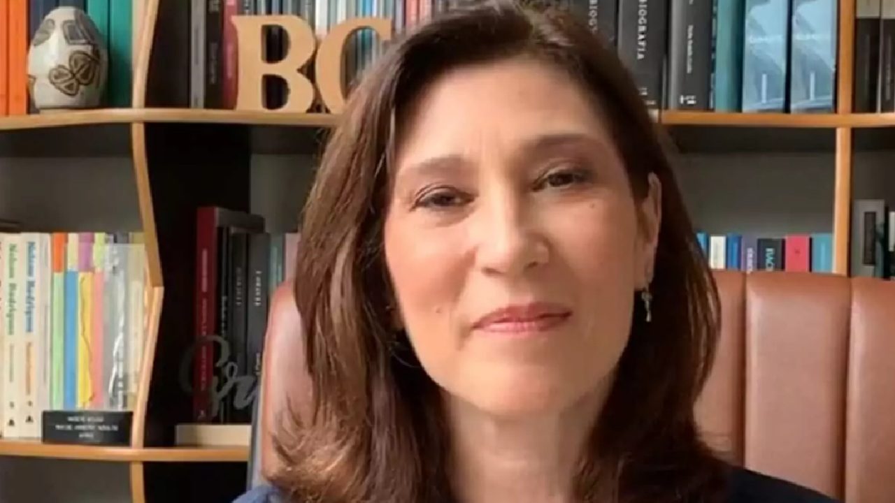 A imagem mostra uma mulher de cabelos castanhos médios sorrindo levemente, sentada em uma cadeira marrom diante de uma estante repleta de livros organizados por cores