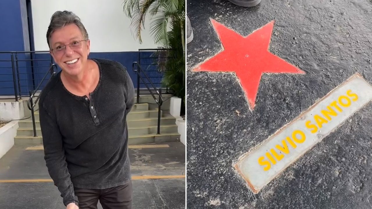 Montagem com Boninho sorrindo em frente a um prédio e a estrela vermelha com o nome de Silvio Santos em uma vaga de estacionamento no SBT