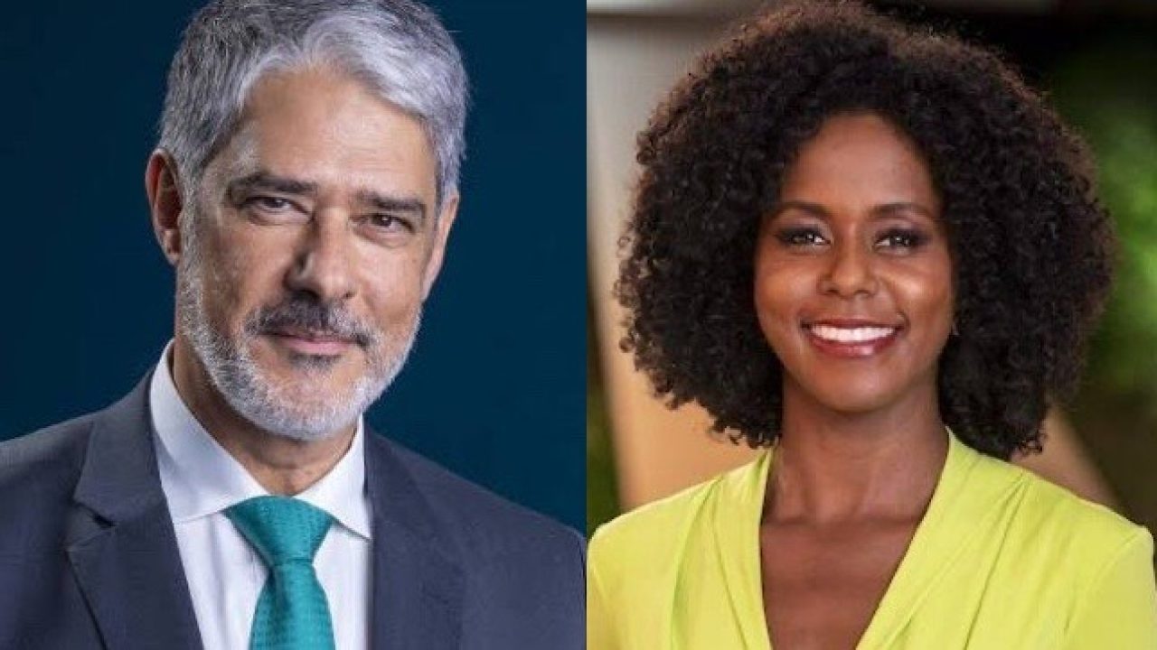 William Bonner de terno e Maju Coutinho com uma blusa amarela