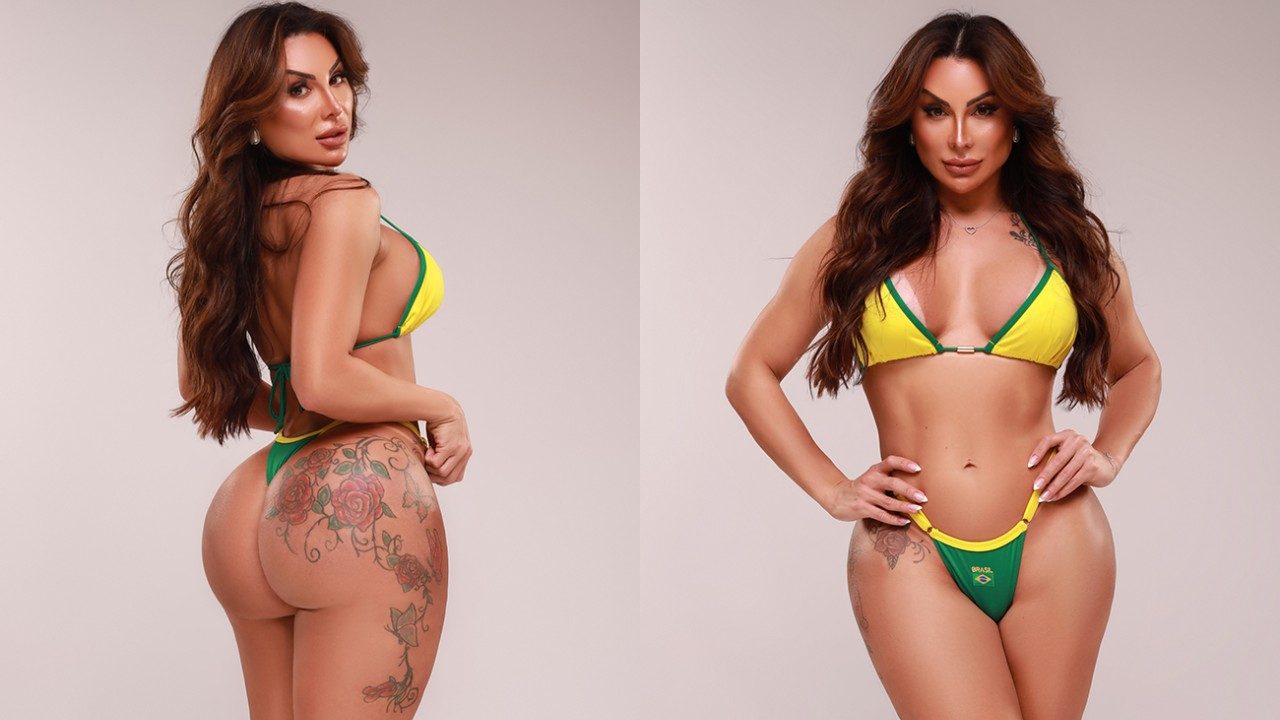 Bruna Mendonça posa de biquíni verde e amarelo em fundo neutro exibindo tatuagens nas pernas em montagem com duas poses
