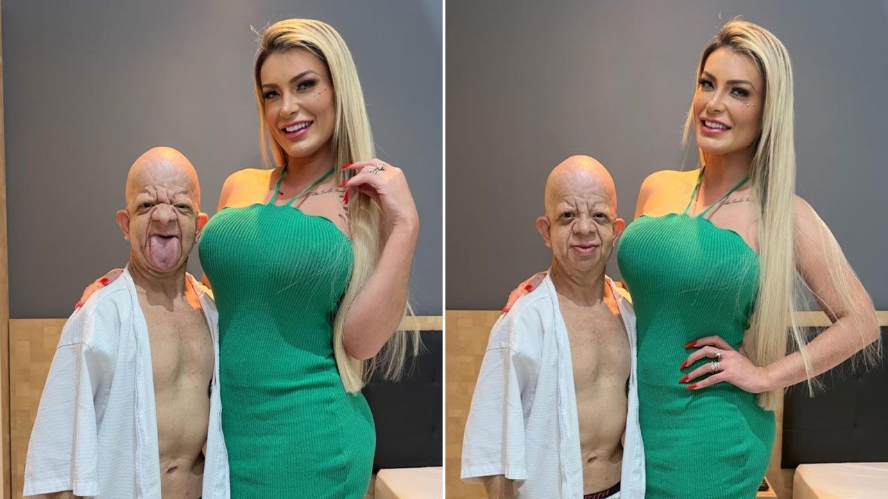 Montagem com Bruno Diferente ao lado de Andressa Urach usando vestido verde