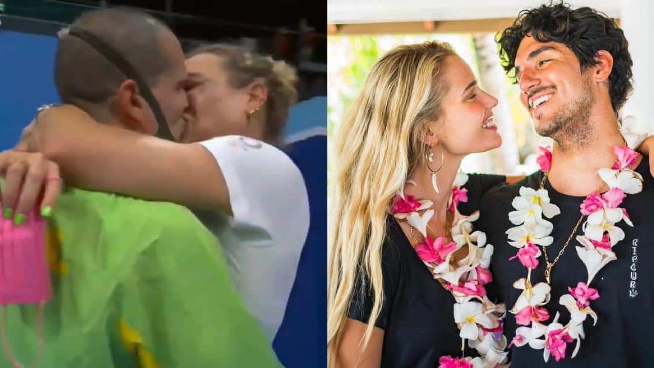 Bruno Fratus beijou a mulher Michelle Lenhardt após ganhar medalha; internet se lembrou de Gabriel Medina e Yasmin Brunet (foto: Reprodução)