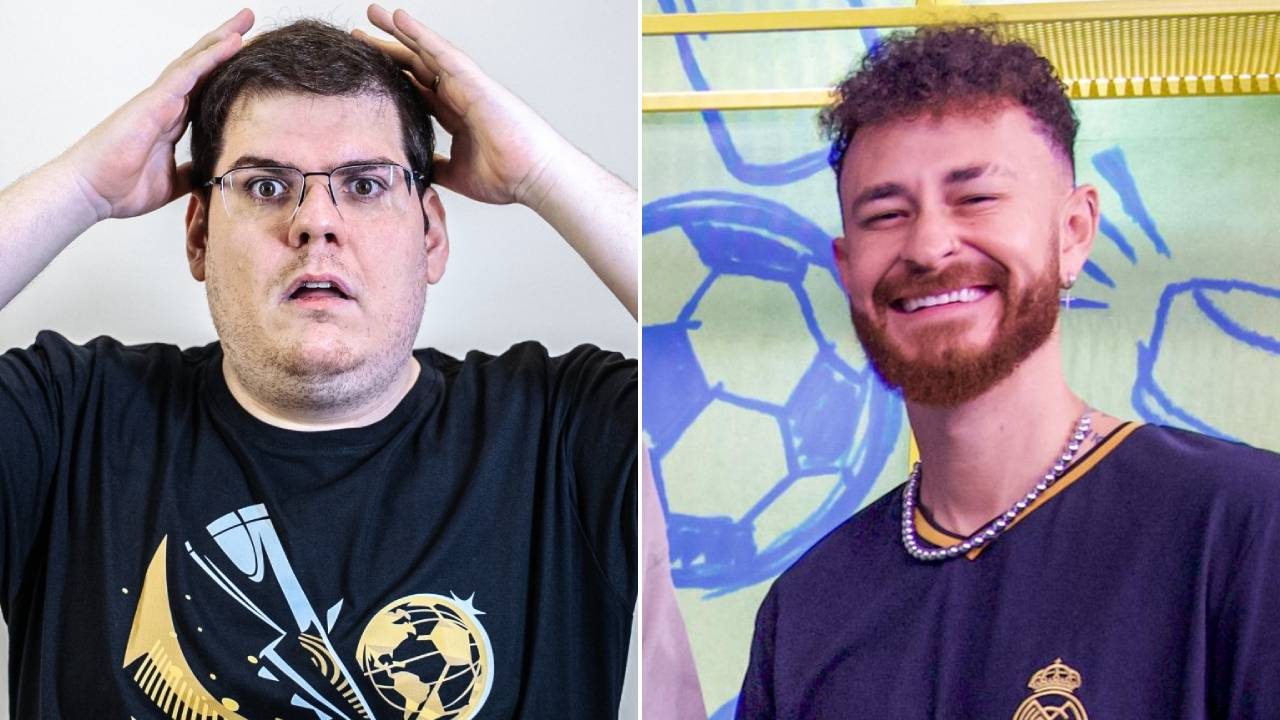 Casimiro Miguel com expressão surpresa e mãos na cabeça ao lado de Fred Bruno sorrindo em estúdio esportivo