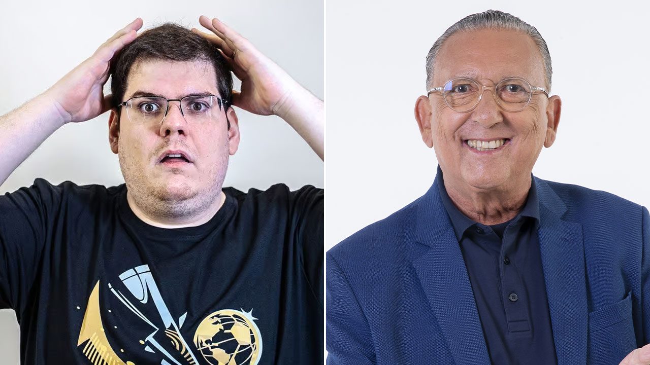Casimiro Miguel com mãos na cabeça e expressão surpresa ao lado de Galvão Bueno sorrindo em montagem de fotos