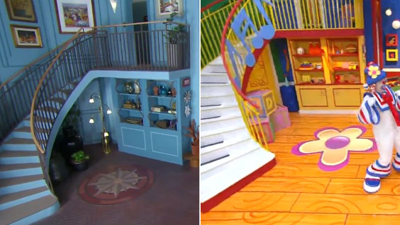 Comparação entre escadarias dos cenários da novela A Caverna Encantada e do programa infantil Bom dia & Cia