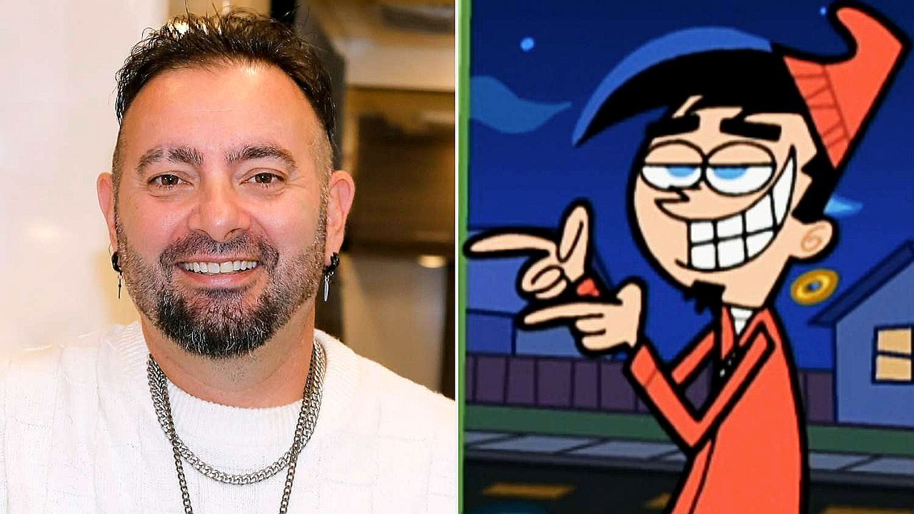 Chris Kirkpatrick ao lado do personagem Chip Skylark em montagem com foto e desenho animado