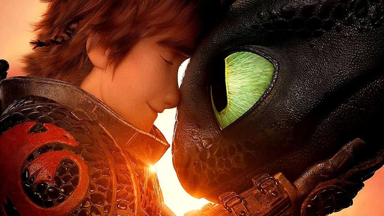 Soluço e Banguela encostam a testa em cena do filme Como Treinar o Seu Dragão com luz do pôr do sol