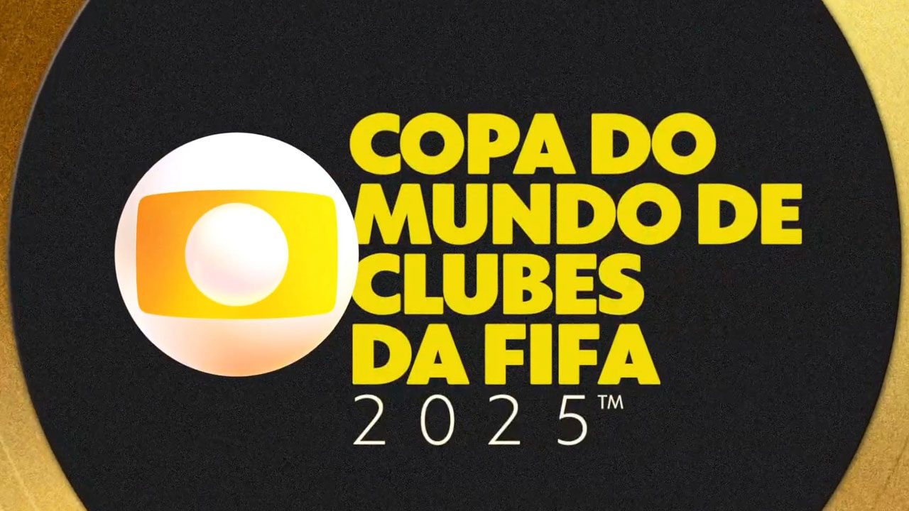 Logotipo da TV Globo ao lado do texto Copa do Mundo de Clubes da Fifa 2025 em fundo preto e dourado