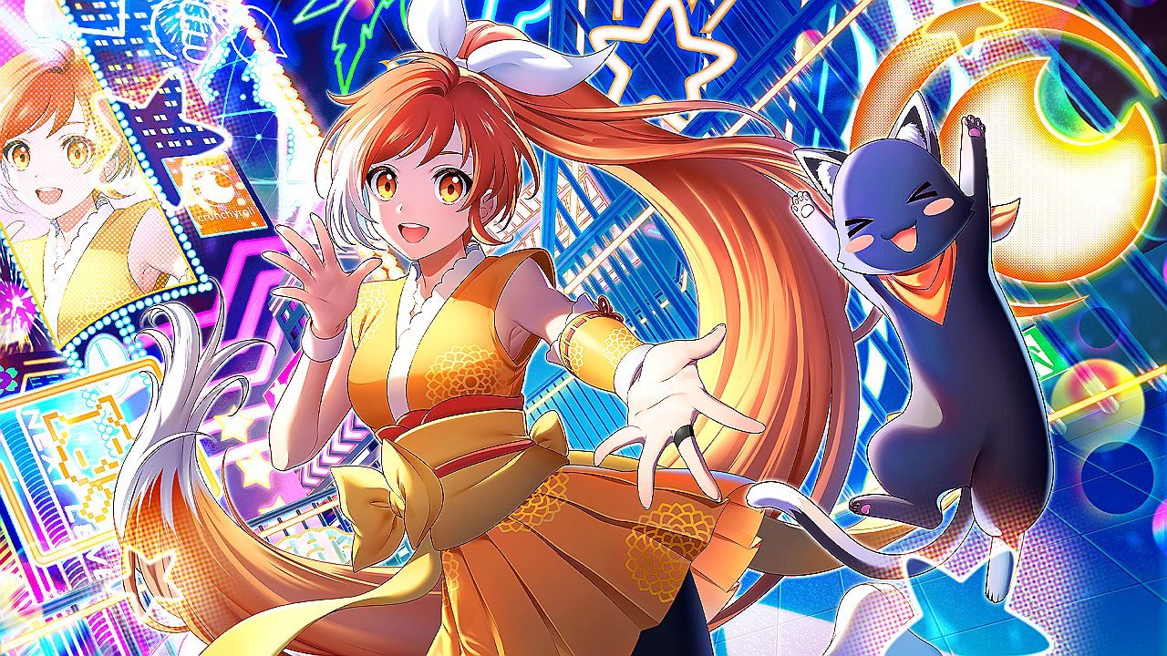 Personagem de anime com vestido laranja faz pose ao lado de gato preto em cenário neon colorido