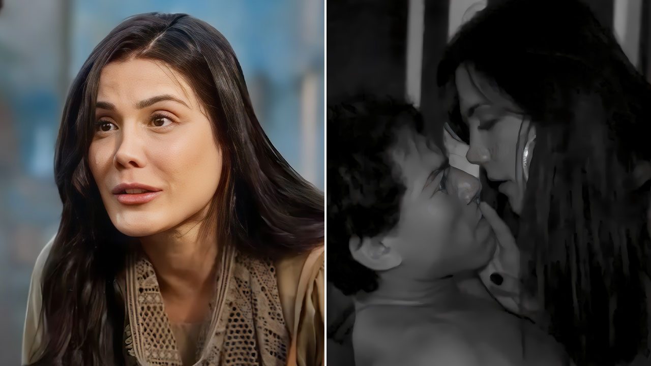 Montagem de Dani Costa em close colorido e em foto em preto e branco com colega de cena em momento íntimo