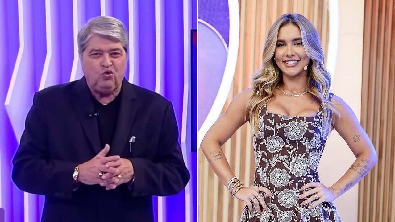 Datena no estúdio da RedeTV! com fundo roxo e Virginia Fonseca sorrindo no cenário do SBT