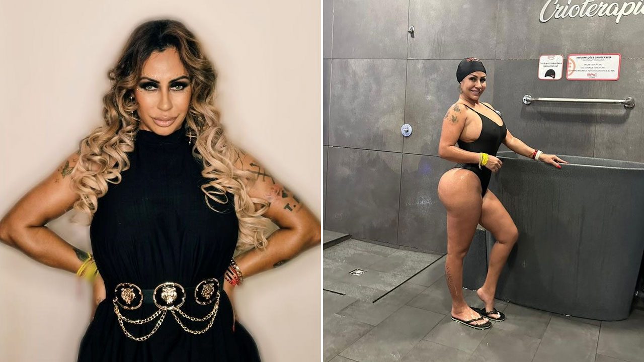 Montagem de Débora Dunhill com vestido preto e cabelo loiro ondulado ao lado dela de maiô preto na câmara de crioterapia
