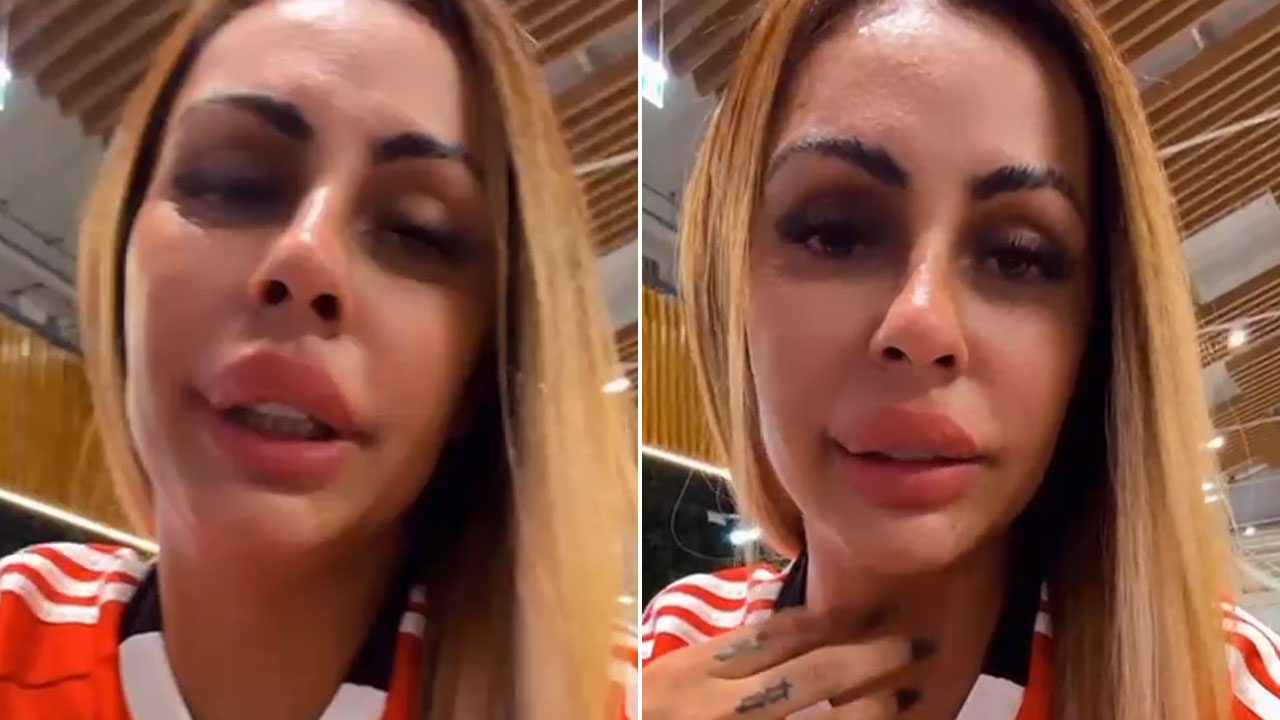 Débora Dunhill em selfie com expressão de choro durante relato sobre agressão em vídeo de rede social
