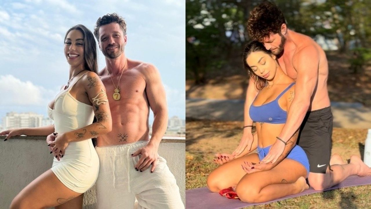 Didy Reis e Diogo Venturieri aparecem em duas fotos juntos em poses românticas ao ar livre e em varanda com vista urbana