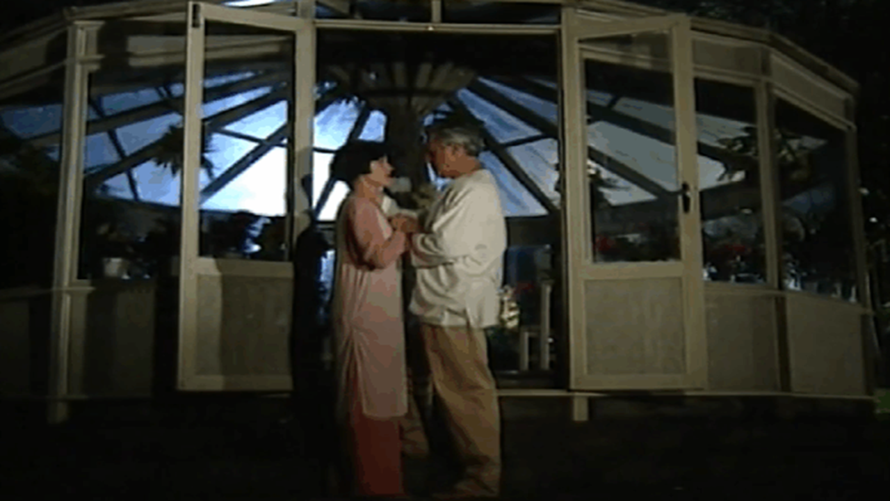 Diná e Otávio conversam em frente a estufa iluminada à noite em cena A Viagem