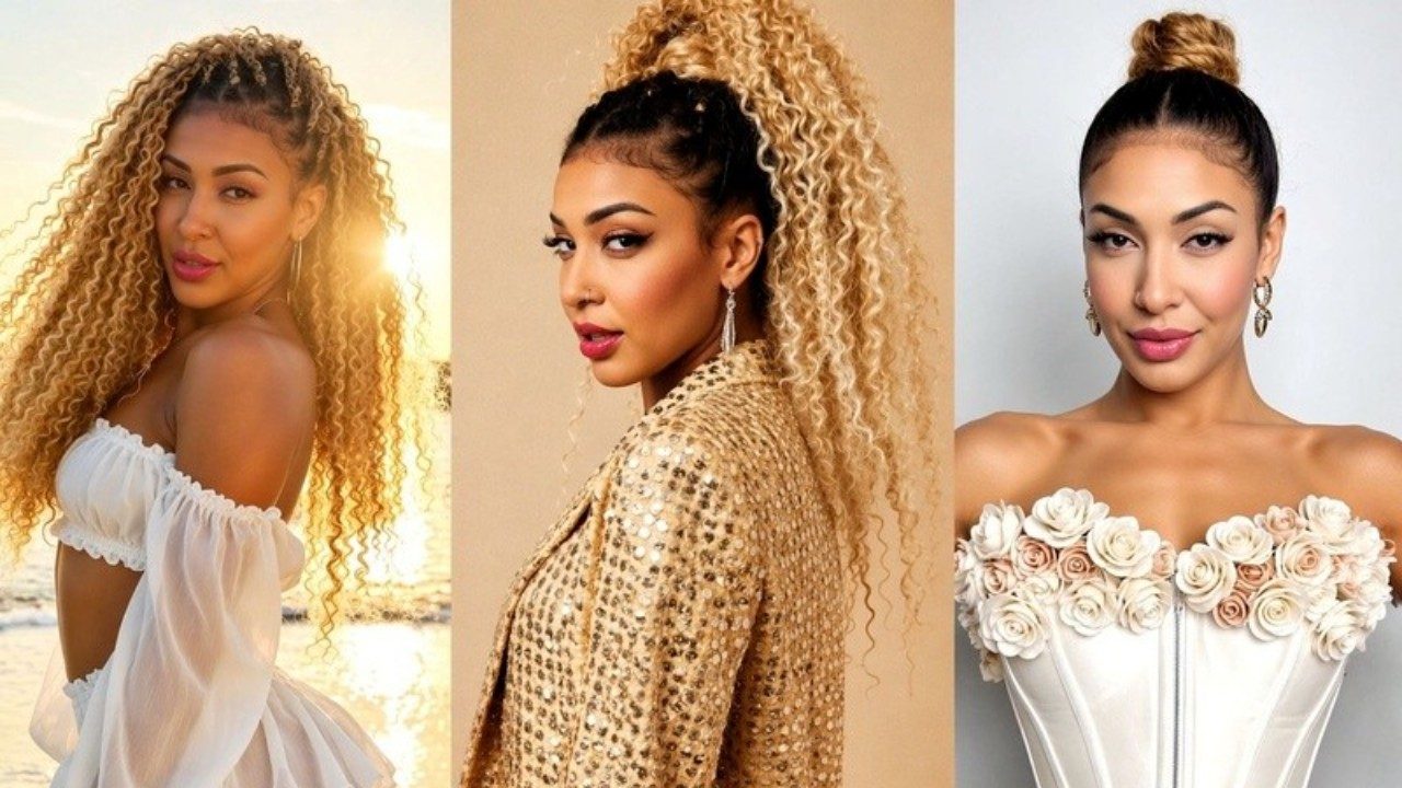 Emelly Souza aparece em três poses com penteados e looks diferentes incluindo vestido branco, blazer dourado e top com flores em montagem lado a lado