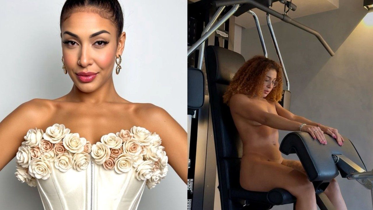 Montagem com Emelly Souza em retrato com vestido de flores e em academia usando aparelho de treino em foto sem roupa