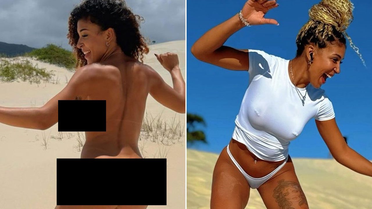 Emelly Souza sorri em montagem: nua (tarjada) nas dunas e de camiseta branca molhada e calcinha ao ar livre na praia