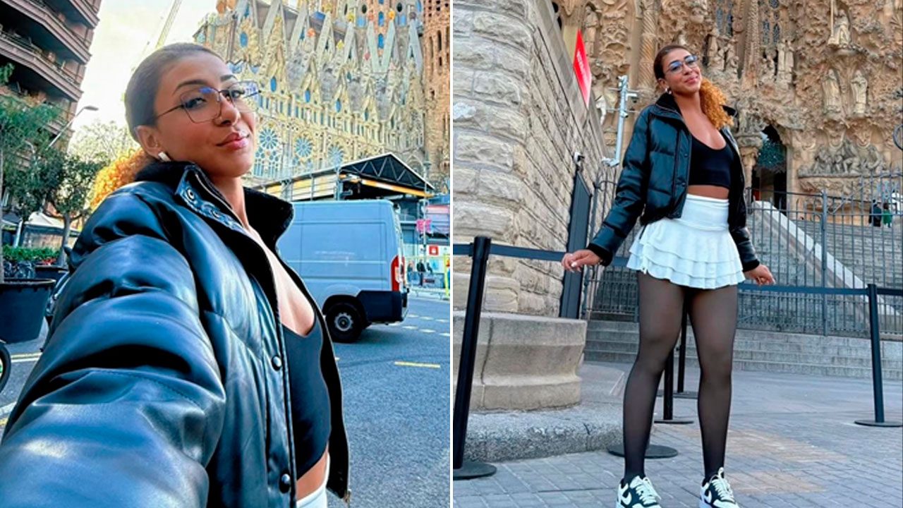 Montagem da influenciadora Emelly Souza em Barcelona, à esquerda em selfie com óculos e jaqueta preta e à direita de corpo inteiro em frente à igreja