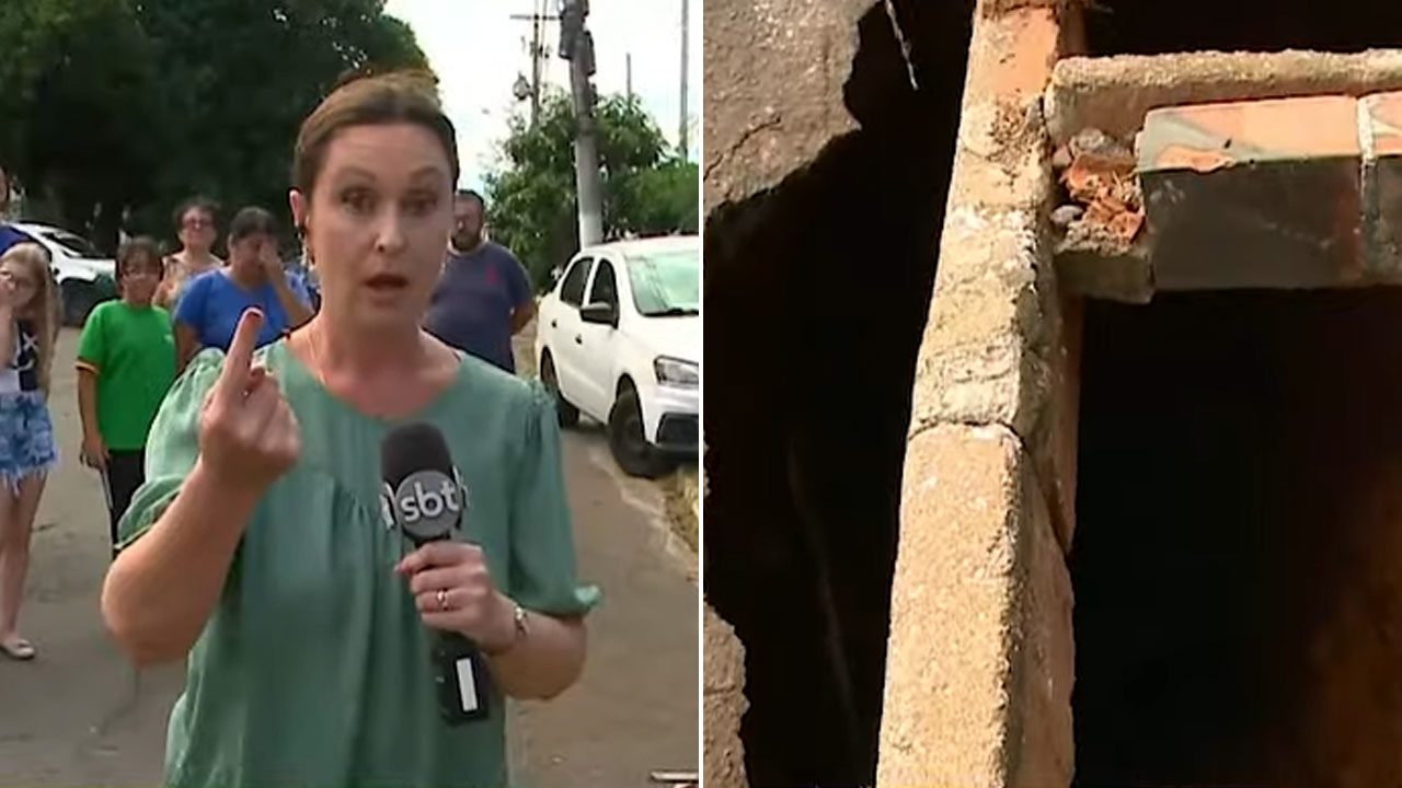 Aline Schneider durante link ao vivo no SBT Rio Grande mostrando buraco aberto em calçada de bairro residencial