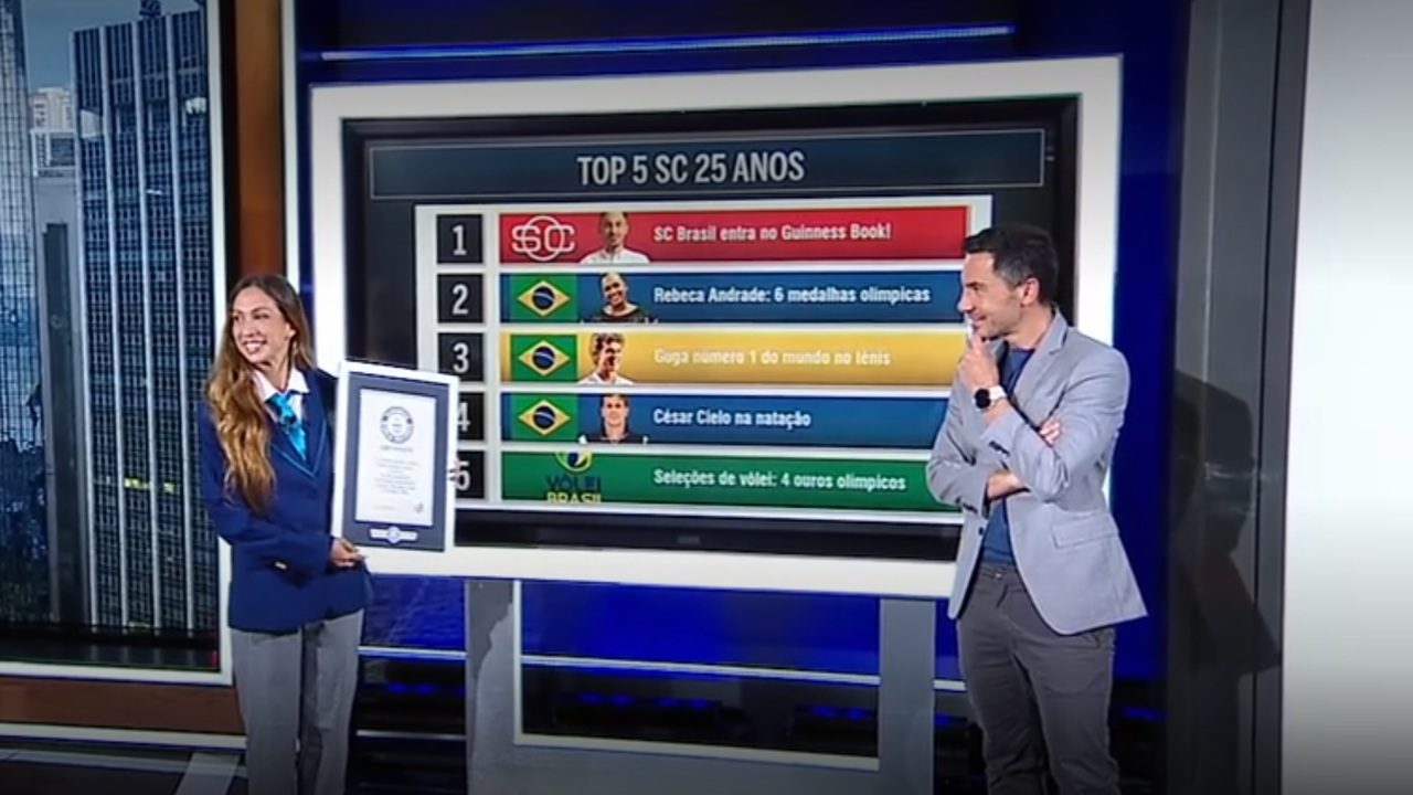 Cena de um programa esportivo da ESPN Brasil, onde uma representante do Guinness World Records entrega um certificado enquanto o apresentador sorri